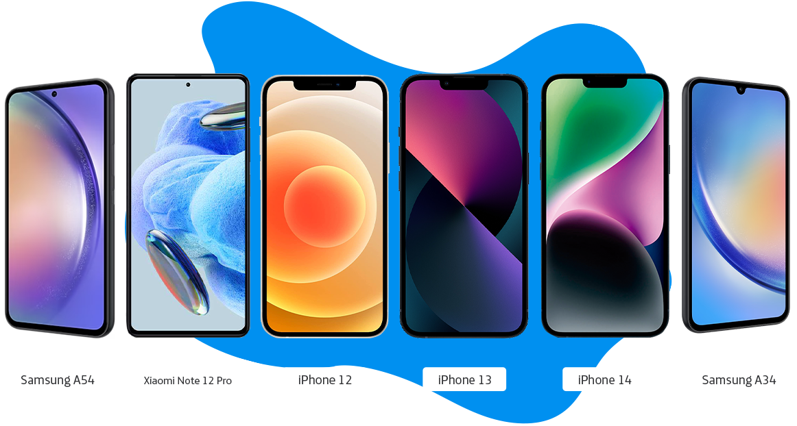 celulares Samsung A54; Xiaomi Note 12 Pro; iPhone 12, 13 y 14 y Samsung A34