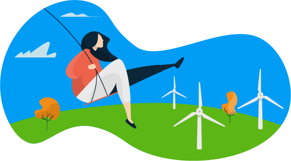 ilustración de chica en amaca con paisaje de fondo de energía heólica